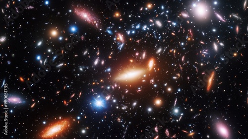 A dynamic shot of a distant galaxy cluster, with detailed star fields and cosmic dust captured in exquisite detail photo