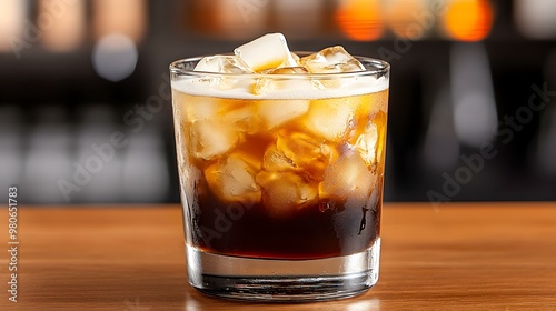 Classic White Russian in a lowball glass, creamy texture, rich coffee aroma, garnished with a hint of cocoa, inviting and indulgent appearance.