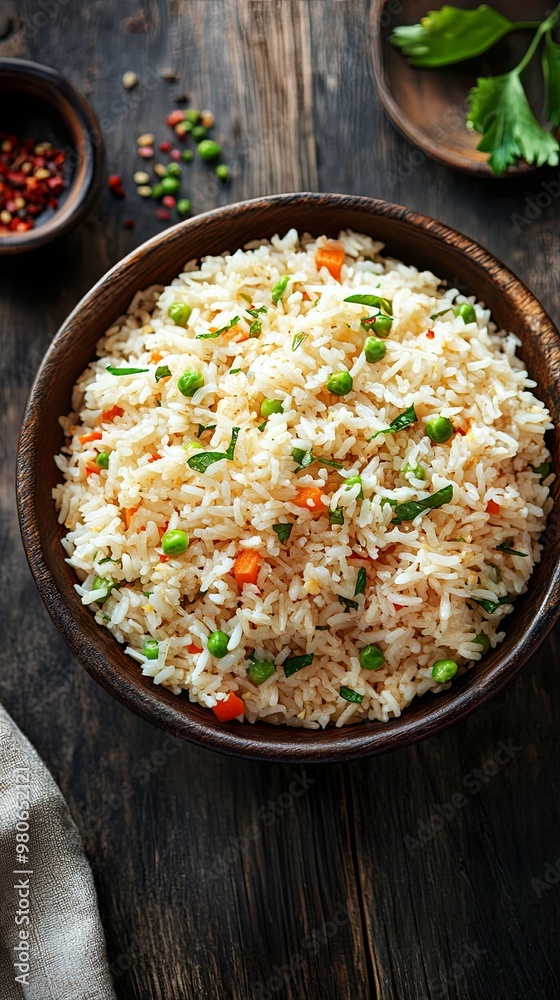 White fried rice with vegetables on wooden table White fried rice with vegetables on wooden table
