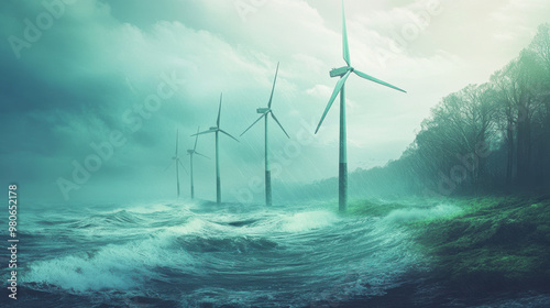 Stormy landscape with wind turbines spinning amidst turbulent waves, symbolizing renewable energy and resilience in natures fury