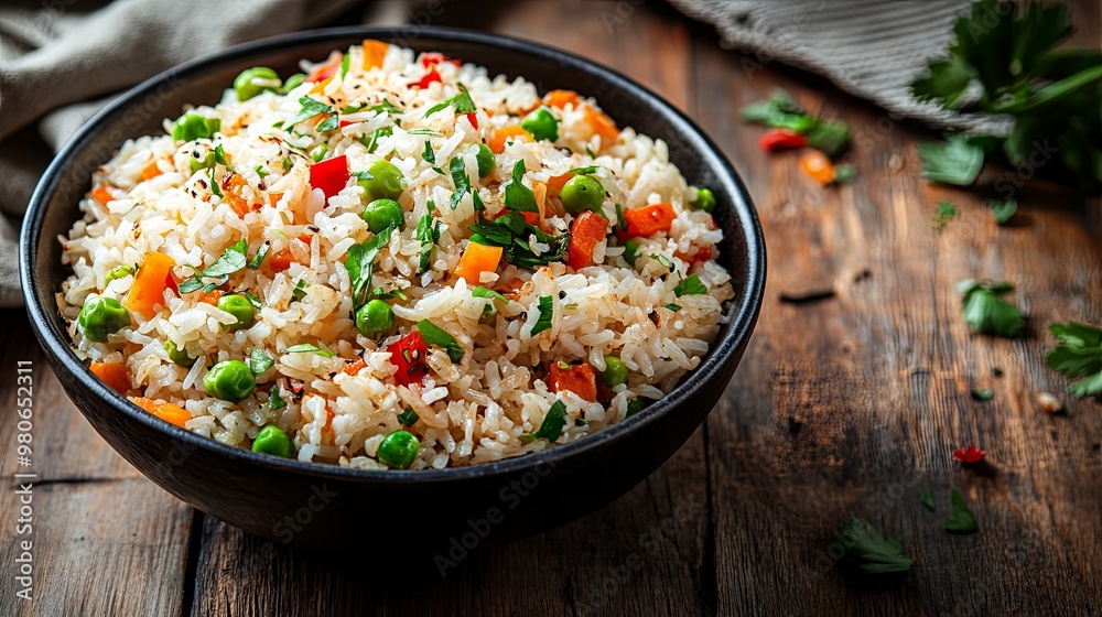 White fried rice with vegetables on wooden table White fried rice with vegetables on wooden table