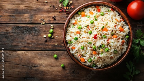 White fried rice with vegetables on wooden table