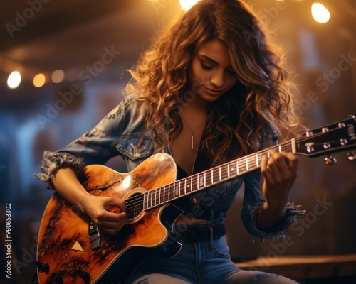 Young beautiful woman playing acoustic guitar