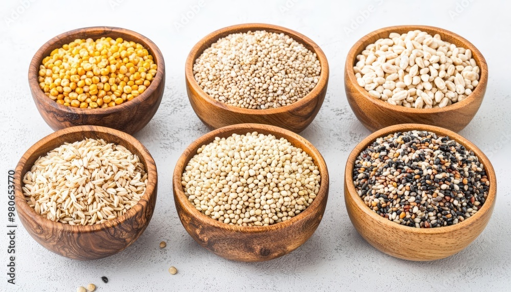 A variety of colorful grains and seeds displayed in wooden bowls, showcasing natural textures and healthy food options. A variety of colorful grains and seeds displayed in wooden bowls, showcasing natural textures and healthy food options.