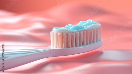 New toothbrush with toothpaste close-up on pastel background