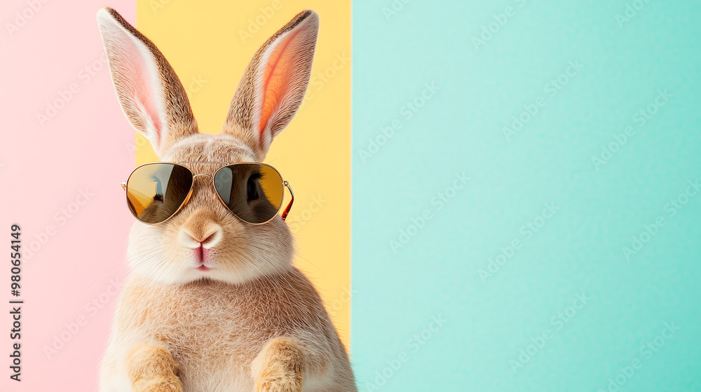 Easter rabbit with a sunglasses standing against color wall background. Copy space. Easter rabbit with a sunglasses standing against color wall background. Copy space.