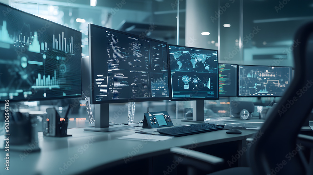 Cybersecurity Data Analysis Workstation with Multiple Monitors Cybersecurity Data Analysis Workstation with Multiple Monitors