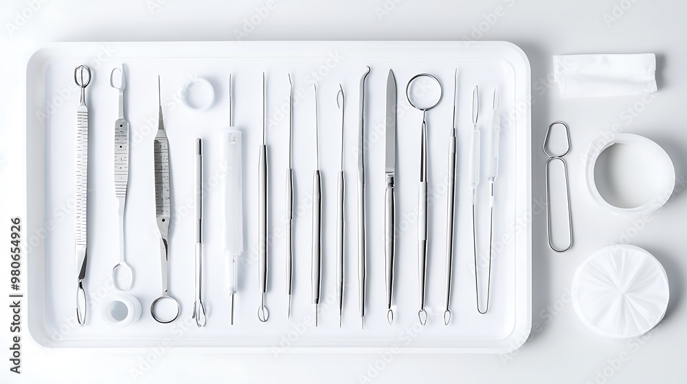 A sterile medical tray with various surgical instruments arranged in a meticulous pattern, highlighting the precision and importance of each tool. , Product photography with high resolution, studio A sterile medical tray with various surgical instruments arranged in a meticulous pattern, highlighting the precision and importance of each tool. , Product photography with high resolution, studio