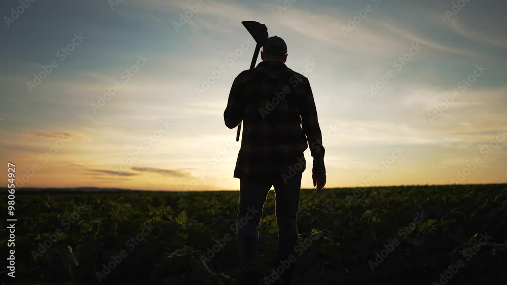 Farmer walk through field with hoe practicing agronomy. Man in plaid shirt tending crops at sunset. Silhouetted against sky engaged in farm. daily routine in agronomy. Farmer maintaining healthy crops Farmer walk through field with hoe practicing agronomy. Man in plaid shirt tending crops at sunset. Silhouetted against sky engaged in farm. daily routine in agronomy. Farmer maintaining healthy crops