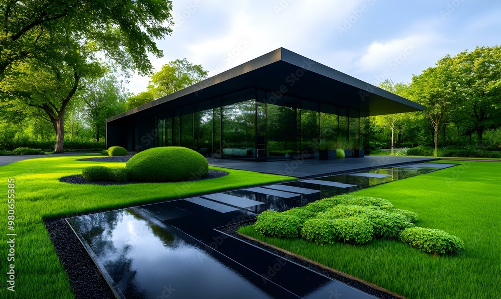 Eco-friendly office featuring solar panels, lush greenery, modern architecture, promoting sustainability and energy efficiency. Eco-friendly office featuring solar panels, lush greenery, modern architecture, promoting sustainability and energy efficiency.