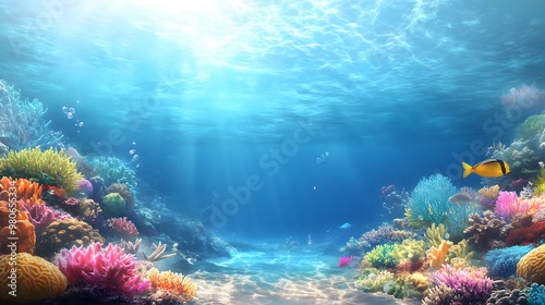 A vibrant underwater scene showcasing colorful corals and diverse marine life in crystal-clear water.