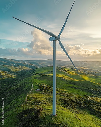 technology harmonize nature Aerial view of a wind turbine on a green hillside, showcasing sustainable energy and serene natural landscapes. photo