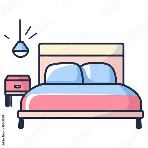 Flat vector icon of a bed with a nightstand, white background