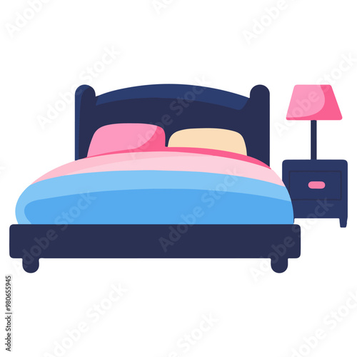 Flat vector icon of a bed with a nightstand, white background