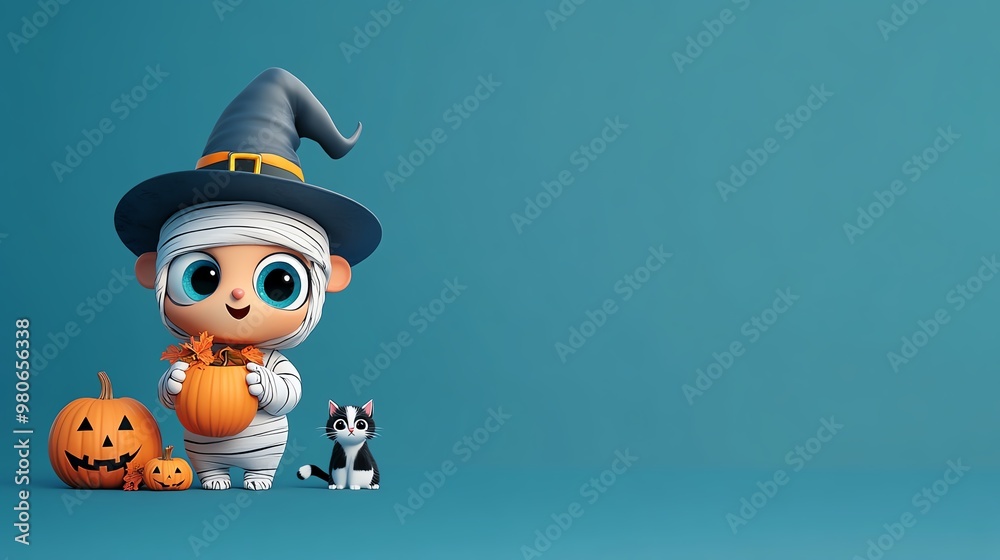 A cute child dressed as a mummy with a pumpkin and a playful cat, perfect for Halloween-themed designs and decorations.