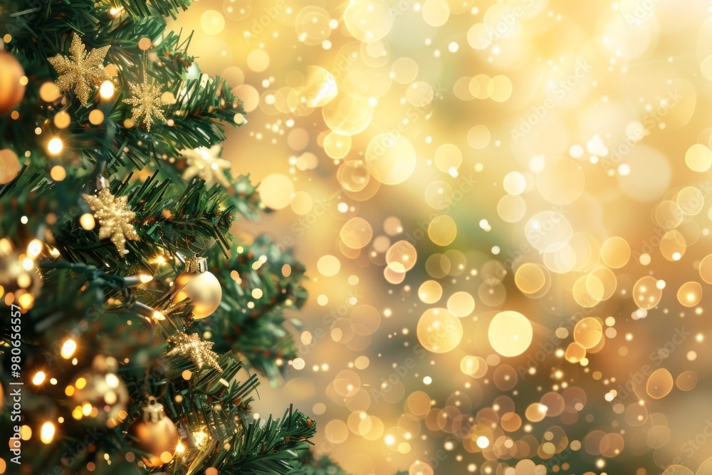 The Christmas tree is adorned with golden ornaments and twinkling lights, creating a festive and magical atmosphere, ideal for holiday celebrations and adding cheer to the winter season The Christmas tree is adorned with golden ornaments and twinkling lights, creating a festive and magical atmosphere, ideal for holiday celebrations and adding cheer to the winter season