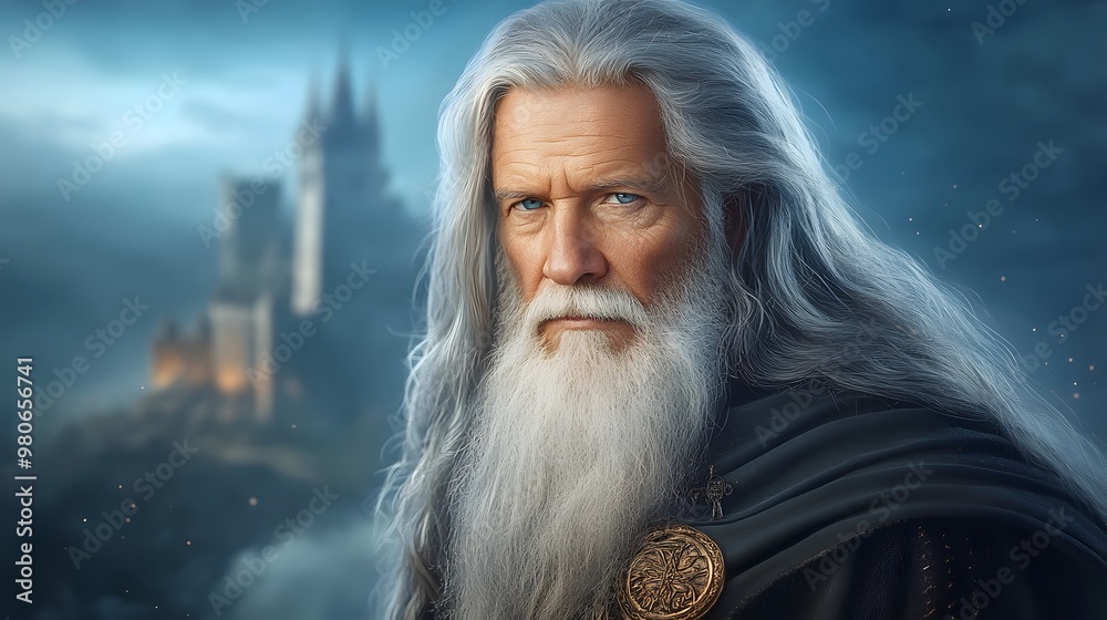 A wise elder with long gray hair and a majestic beard, set against a mystical landscape with an ancient castle.