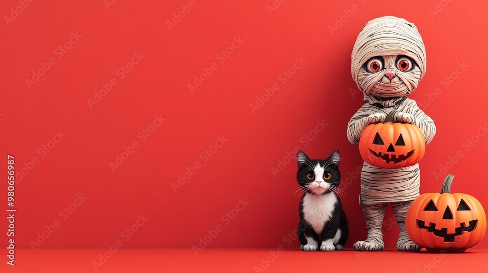 A cute mummy character and a playful cat pose with carved pumpkins against a vibrant red backdrop, perfect for Halloween. A cute mummy character and a playful cat pose with carved pumpkins against a vibrant red backdrop, perfect for Halloween.