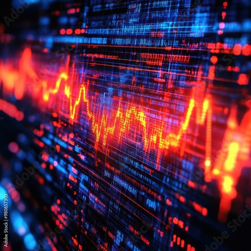 Abstract 3D visual of stock market fluctuations represented as a pulsing heartbeat on a digital screen, [financial health], [market volatility concept]