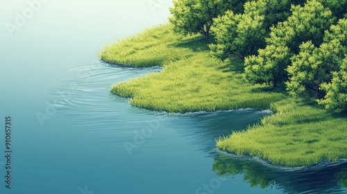 A scenic isometric view of a calm lake with grassy banks and trees, perfect for nature and outdoor visuals. photo