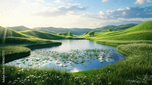 A serene 3D landscape with rolling green hills and peaceful ponds, ideal for nature-focused vacation themes.