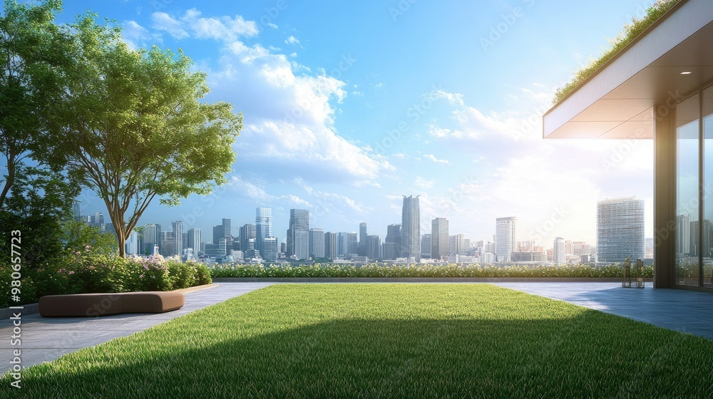 A serene sky garden on a luxury condominium rooftop, featuring green grass and trees, overlooking an urban skyline with a bright blue sky. A serene sky garden on a luxury condominium rooftop, featuring green grass and trees, overlooking an urban skyline with a bright blue sky.