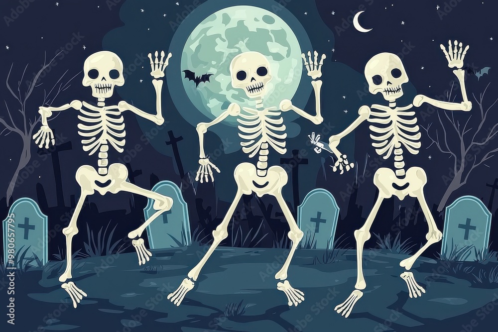 Spooky skeletons dancing under a full moon in a haunted graveyard. Concept of Halloween, supernatural, and horror atmosphere Spooky skeletons dancing under a full moon in a haunted graveyard. Concept of Halloween, supernatural, and horror atmosphere