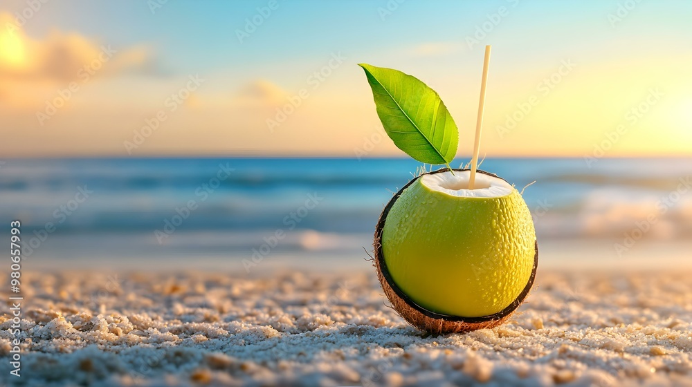 Tropical Refreshment, A fresh young coconut with a straw rests on a sandy beach, surrounded by vibrant blue waves and sunlit skies. Tropical Refreshment, A fresh young coconut with a straw rests on a sandy beach, surrounded by vibrant blue waves and sunlit skies.
