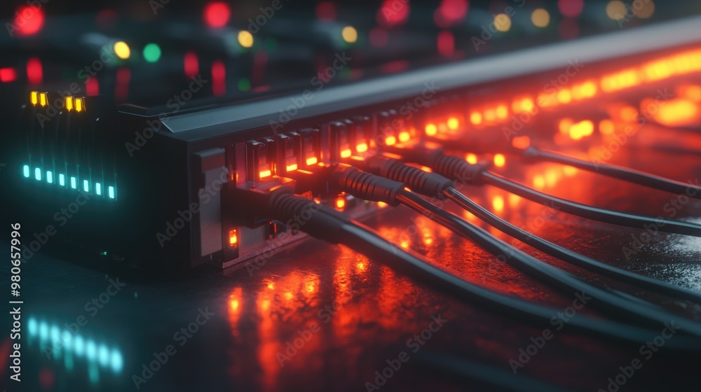 A sleek network switch with glowing LEDs and connected network cables, showing real-time data transmission.