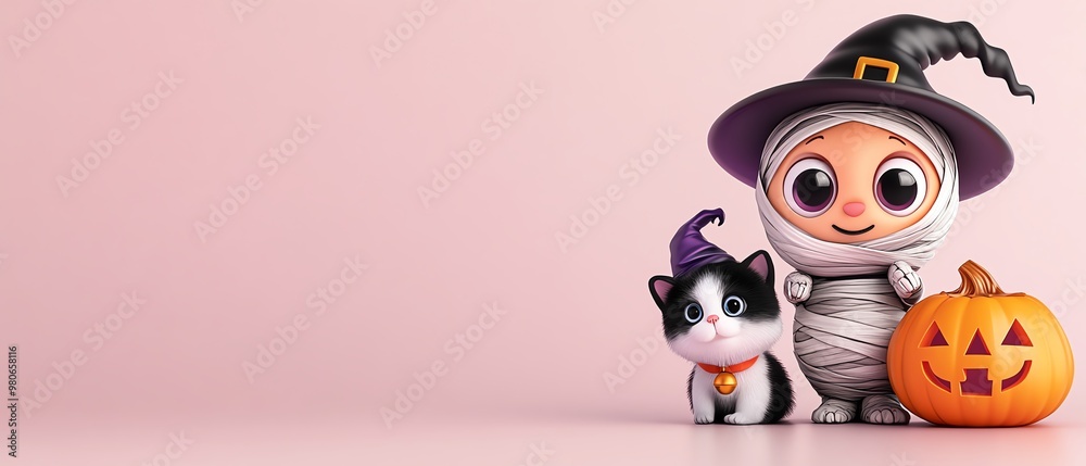 Adorable cartoon characters in Halloween costumes, featuring a mummy, a kitten, and a pumpkin against a soft pink background.