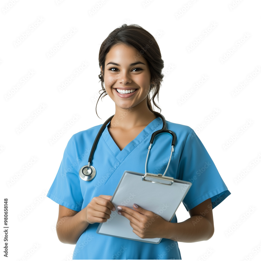 Female nurse holding clipboard and smiling isolated on transparent background Female nurse holding clipboard and smiling isolated on transparent background