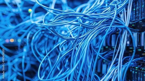 A tangle of network cables leading to a managed switch in a high-tech data center environment.