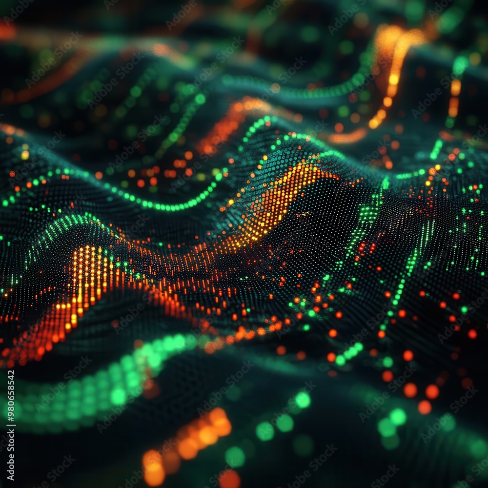 3D abstract model of the stock market with fluctuating data points, green and red arrows spiraling, [data visualization], [market fluctuation]