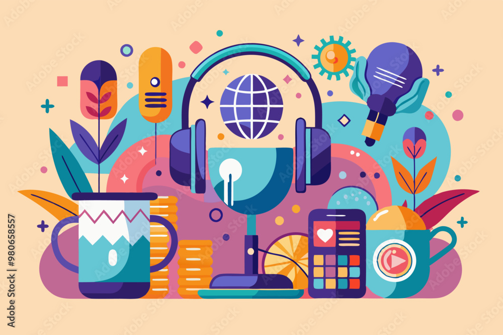 Celebrating international podcast day: creative audio media concept with microphone and headphones Celebrating international podcast day: creative audio media concept with microphone and headphones