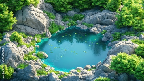 A vibrant 3D isometric lake surrounded by green foliage and rocks, highlighting peaceful nature settings.