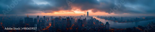 “Wide Shot of the City Skyline with Dark Clouds Overhead and Distant Lightning Strikes” 