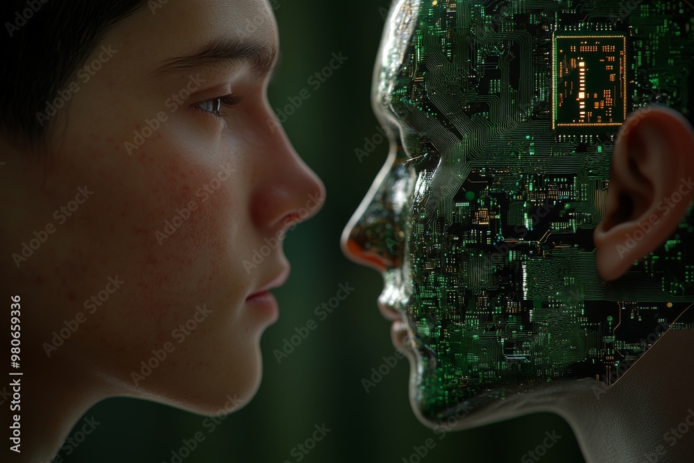 Side profile of a human face with exposed circuitry symbolizing the ...