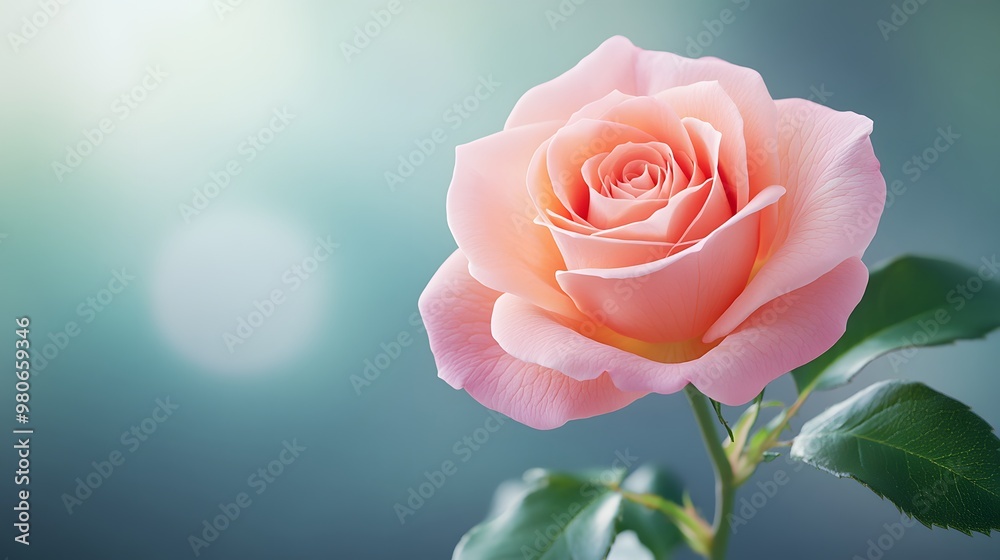 Delicate pink rose with soft petals and lush green leaves against a dreamy blurred background, perfect for romantic themes. Delicate pink rose with soft petals and lush green leaves against a dreamy blurred background, perfect for romantic themes.