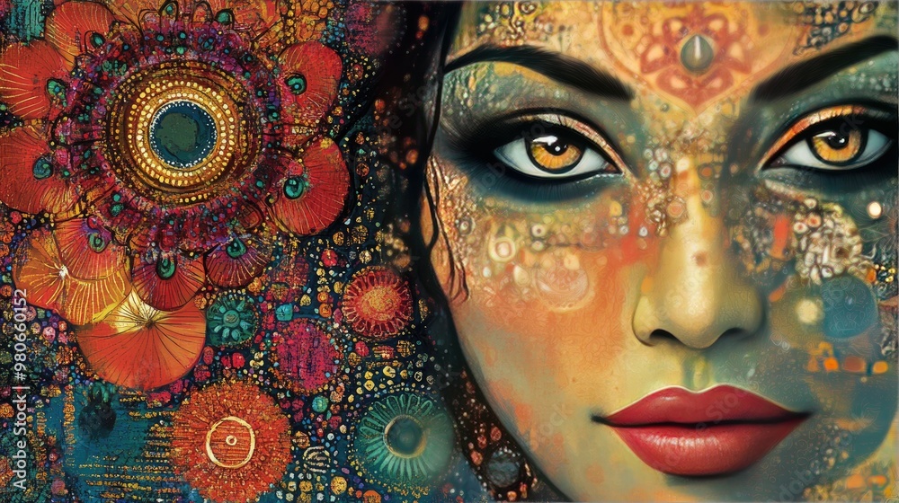 Fusion of traditional Indian art and modern digital patterns, with space for belief messaging. Fusion of traditional Indian art and modern digital patterns, with space for belief messaging.