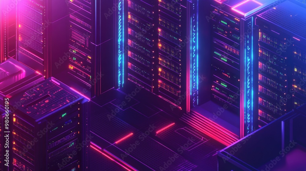 An isometric 3D server room with neon lights and servers processing data, symbolizing the concept of big data technology.