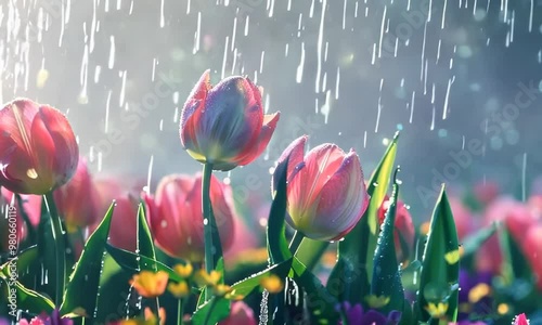 Gentle spring rain showering blooming tulips, Video