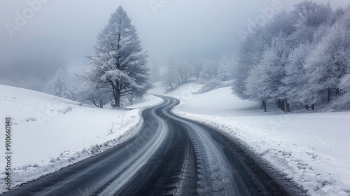 Snowy Road Winding Through a Winter Forest