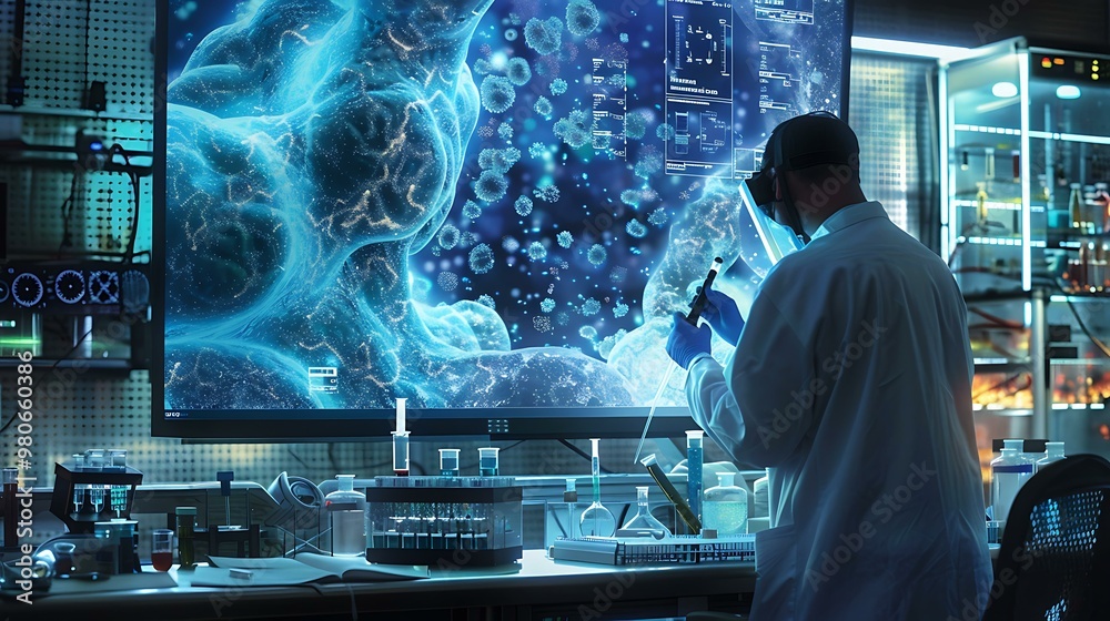 A detailed lab scene with a scientist working on a multi-well plate using a pipette, with a large screen behind them showing intricate cellular formations A detailed lab scene with a scientist working on a multi-well plate using a pipette, with a large screen behind them showing intricate cellular formations
