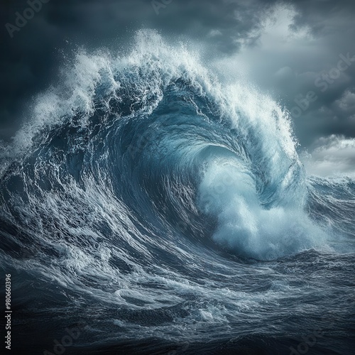 Conceptual image of stock market performance as a wave in the ocean, with sharp rises and falls, [economic wave], [financial fluctuation]