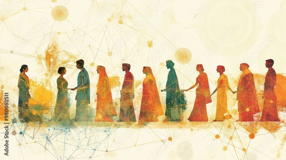 Illustration of Indian traditions intertwined with tech networks, leaving space for copy on beliefs.