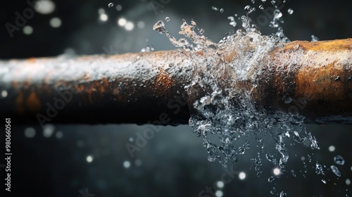 An old, rusty water pipe bursting with water leaking out, showing the necessity of plumber service to fix the leak.