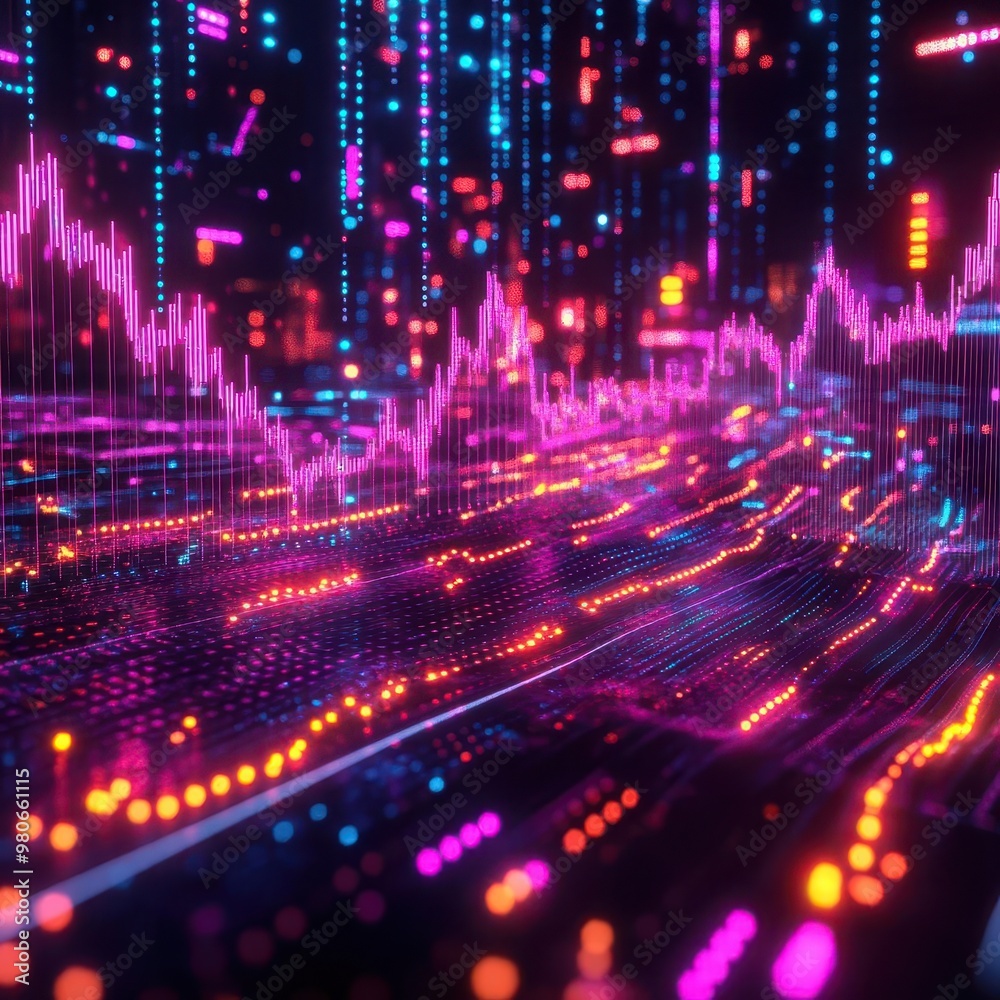 High-resolution 3D render of fluctuating stock prices, with bright neon lines and abstract financial icons, [futuristic stock market], [volatile trading data]