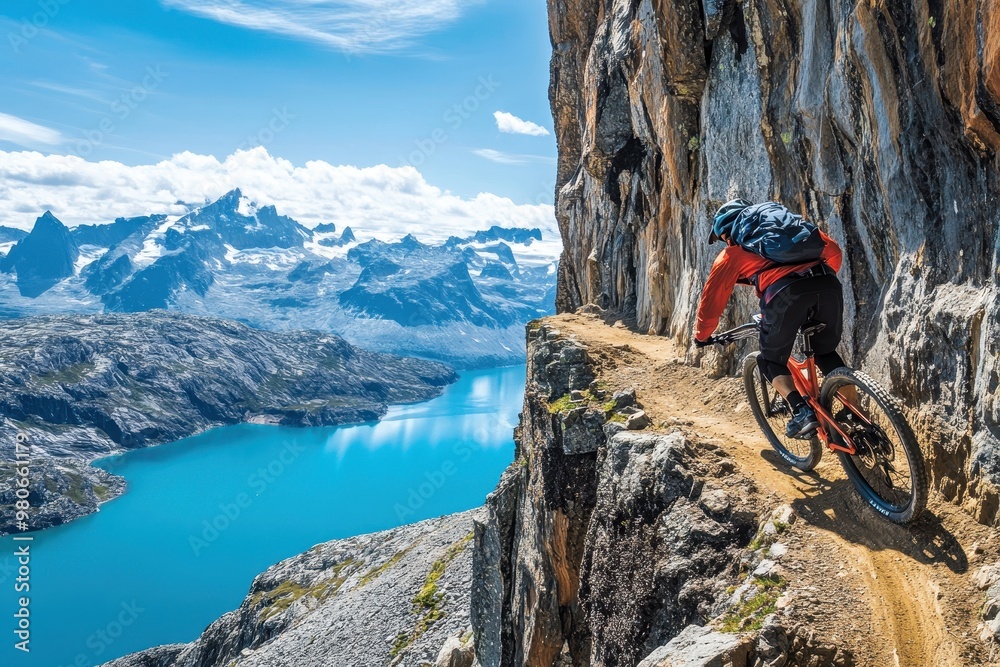 Fototapeta premium A mountain biker navigates a narrow trail with stunning mountain and lake views.