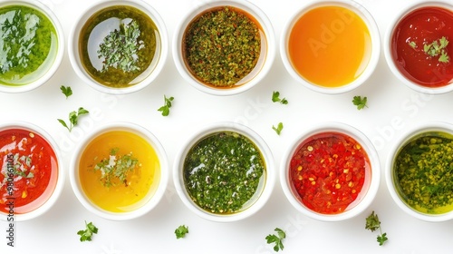 Bowls filled with multiple types of sauces viewed from the top, spread out on a clean white background.