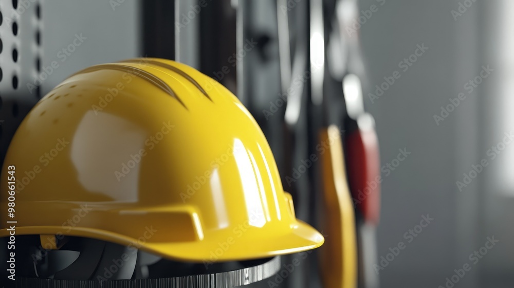 Celebratory concept for Labor Day with a yellow helmet and construction tools placed against a grey background, honoring workers. Celebratory concept for Labor Day with a yellow helmet and construction tools placed against a grey background, honoring workers.